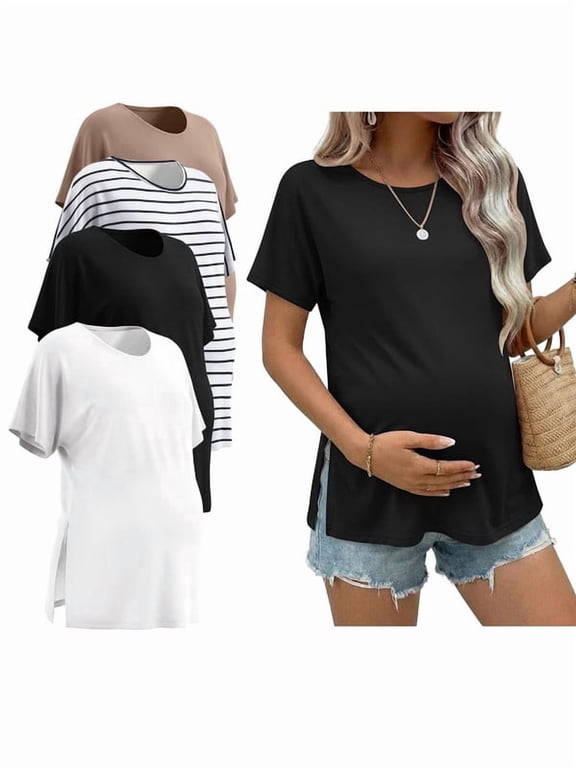 4 Packs Maternity Shirts Split Side Batwing Short Sleeve Pregnancy Tunic Tops