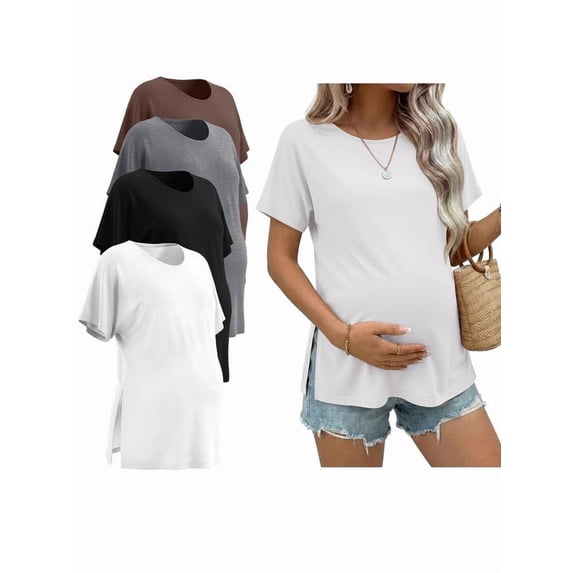 Weardear 4 Packs Maternity Shirts Crew Neck Batwing Short Sleeve Pregnancy Tunic Tops Split Side Summer T Shirt for Women