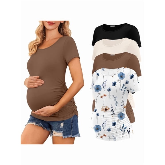 Weardear 4 Packs Maternity Tops Side Ruched Short Sleeve Pregnancy Tunic T Shirts Crew Neck Casual Maternity Clothes