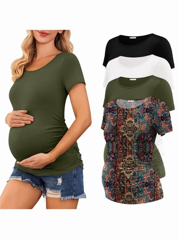 4 Packs Maternity Tops Side Ruched Short Sleeve Pregnancy Tunic T Shirts Crew Neck Casual Maternity Clothes