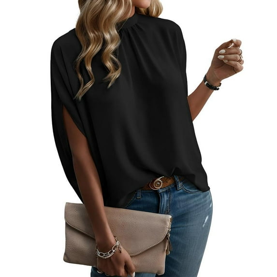 Weardear Bell Sleeve Tops for Women Casual Tie Back Elegant Dolman Sleeve Blouse Mock Neck Tops Silk Shirts
