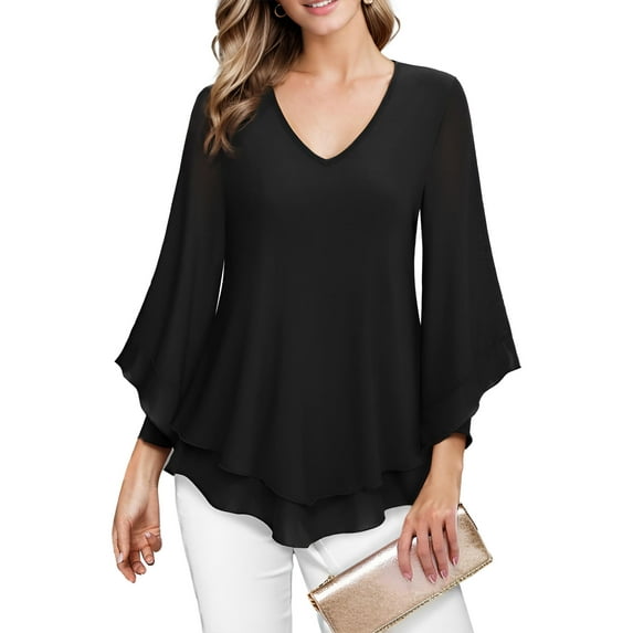 Weardear Chiffon Blouses for Women 3/4 Ruffle Sleeve V Neck Double Layers Shirts Summer Flowy Ladies Tops