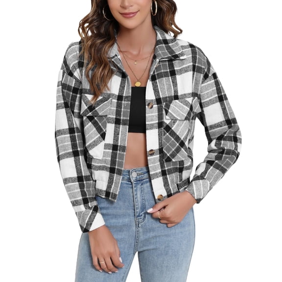 Weardear Cropped Shackets for Women 2024 Flannel Plaid Button Down Long Sleeve Shirts with Double Patch Pocket
