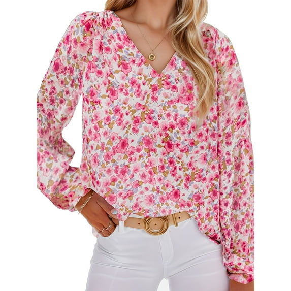 Weardear Women Boho Floral V Neck Dressy Blouses Puff Long Sleeve Elegant Chiffon Tops