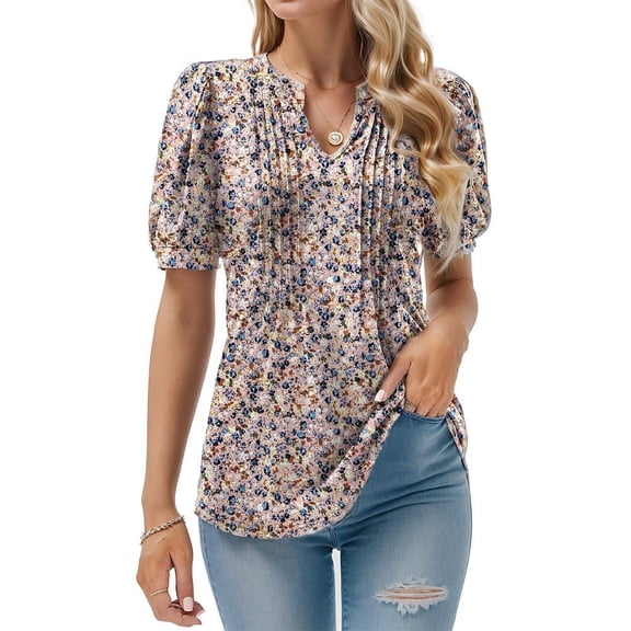 Weardear Dressy Blouses for Women Pleated Short Sleeve Tunic Tops Casual Loose Short Sleeve Floral T Shirts