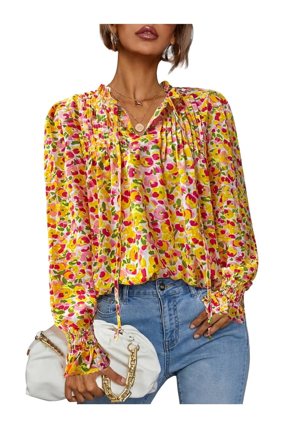 Flowy Long Sleeve Tops for Women Casual Boho Blouse Floral Printed V Neck Shirts