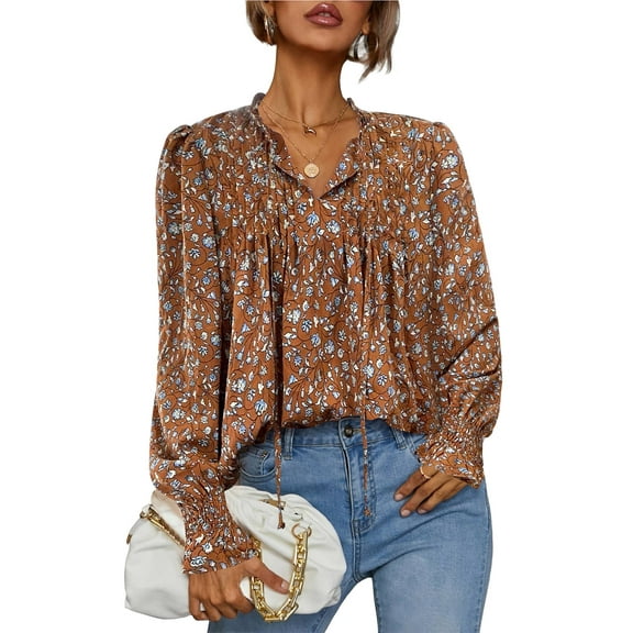 Weardear Flowy Long Sleeve Tops for Women Casual Boho Blouse Floral Printed V Neck Shirts