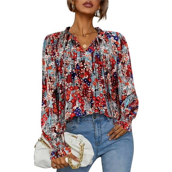 Weardear Flowy Long Sleeve Tops for Women Casual Boho Blouse Floral Printed V Neck Shirts
