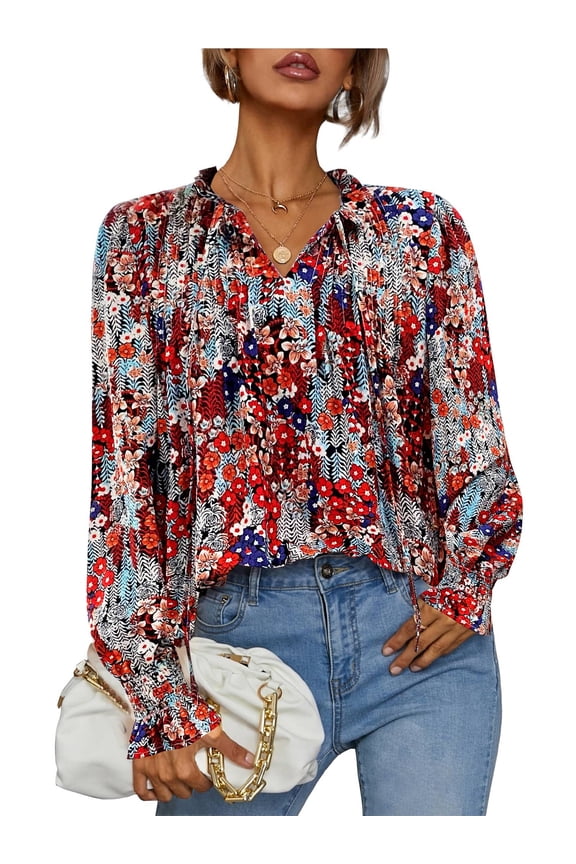 Flowy Long Sleeve Tops for Women Casual Boho Blouse Floral Printed V Neck Shirts