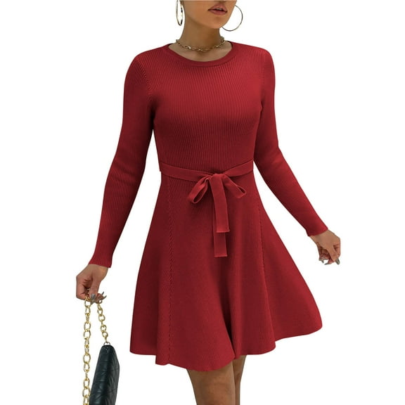 Weardear Kint Dress for Women 2025 Casual Long Sleeve Ribbed Flowy Crewneck Dress with Tie Waist