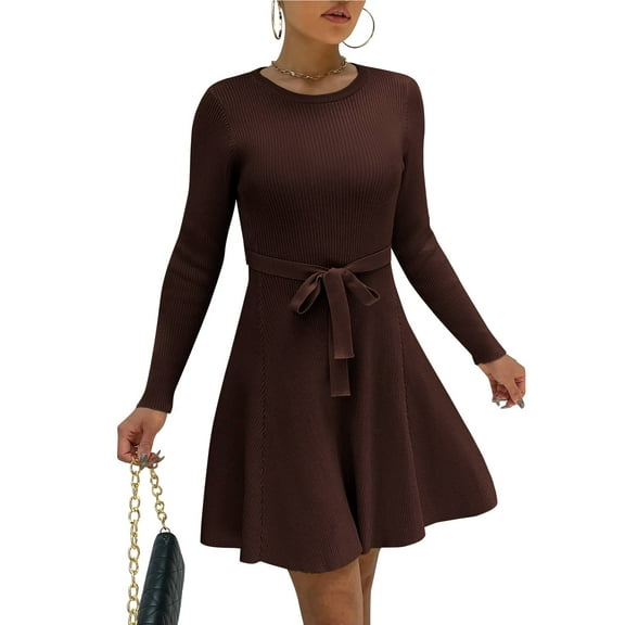 Weardear Kint Dress for Women 2025 Casual Long Sleeve Ribbed Flowy Crewneck Dress with Tie Waist