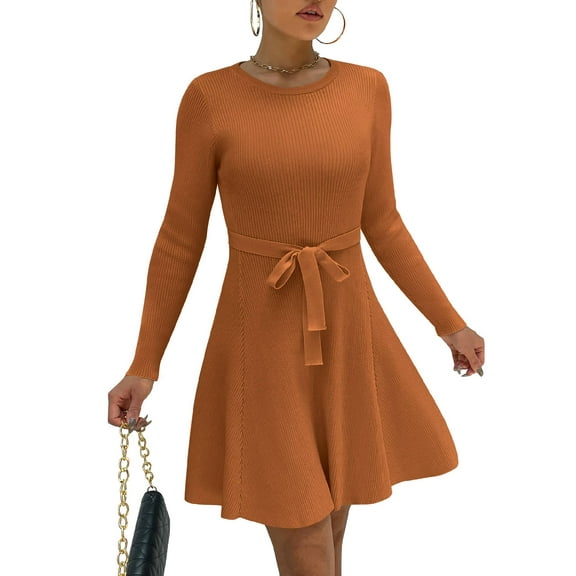 Weardear Kint Dress for Women 2025 Casual Long Sleeve Ribbed Flowy Crewneck Dress with Tie Waist