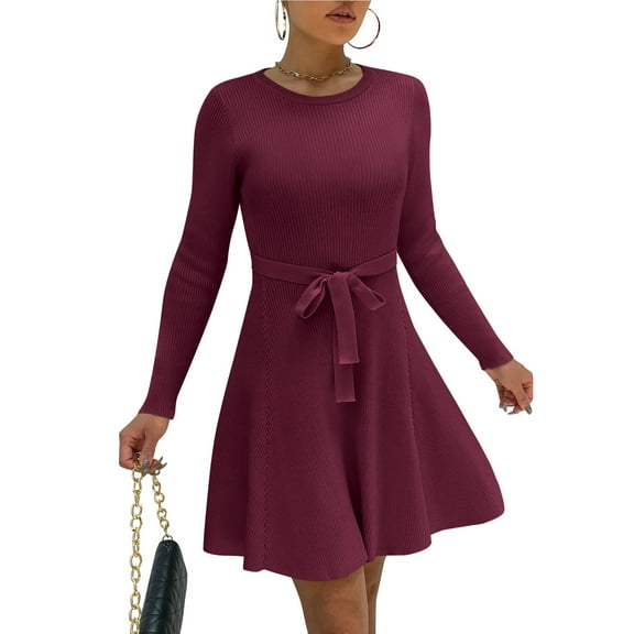Weardear Kint Dress for Women 2025 Casual Long Sleeve Ribbed Flowy Crewneck Dress with Tie Waist