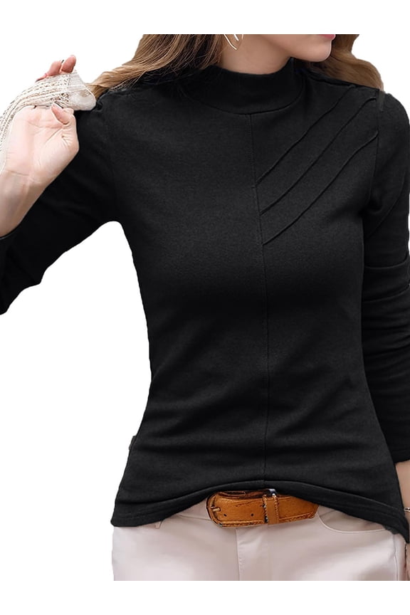 Long Sleeve Basic Tops for Women High Neck Slim Fitted T Shirts Solid Color Tight Tee Tops