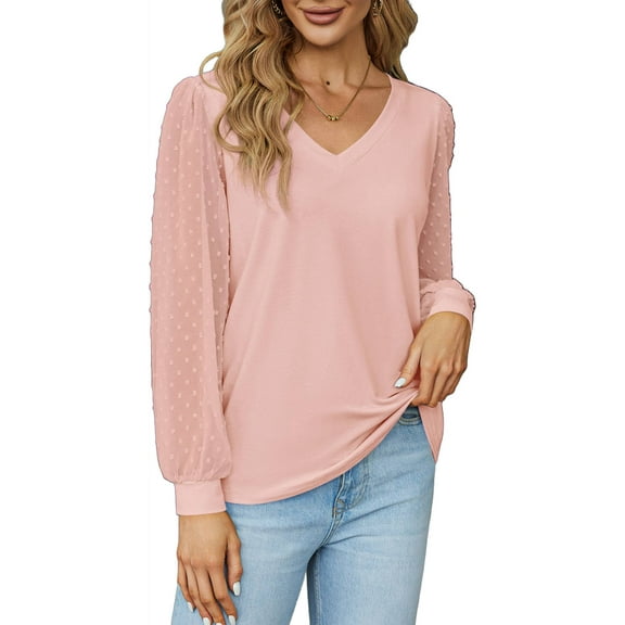 Weardear Long Sleeve Blouses for Women Casual Dressy V-Neck Swiss Dot Tops with Puff