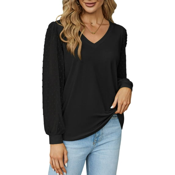 Weardear Long Sleeve Blouses for Women Casual Dressy V-Neck Swiss Dot Tops with Puff
