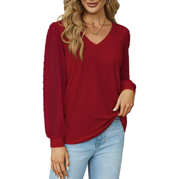 Weardear Long Sleeve Blouses for Women Casual Dressy V-Neck Swiss Dot Tops with Puff