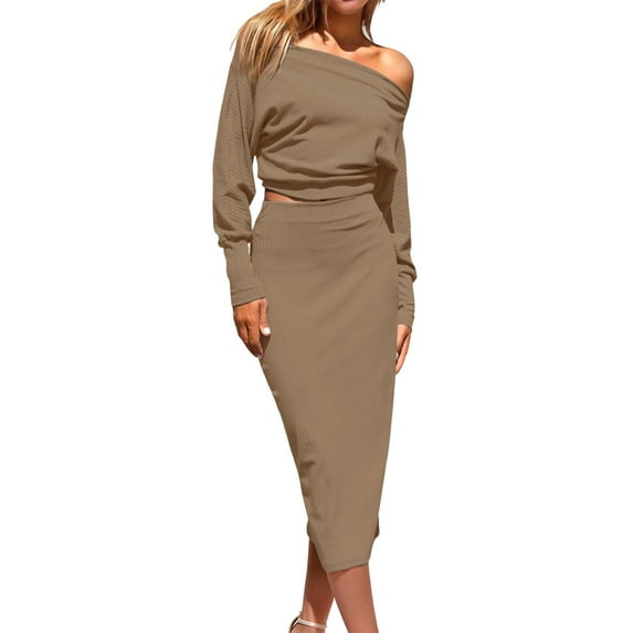 Weardear Long Sleeve Midi Skirt Sets for Women 2 Piece Outfits Off Shoulder Top Bodycon Ribbed Knit Two Piece Dress Set