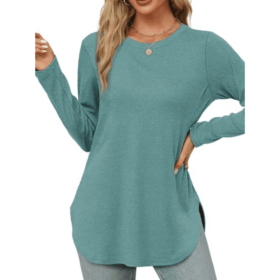 Weardear Long Sleeve Round Neck Shirts Side Split Loose Tunic Tops Casual Curved Hem Trendy Clothes