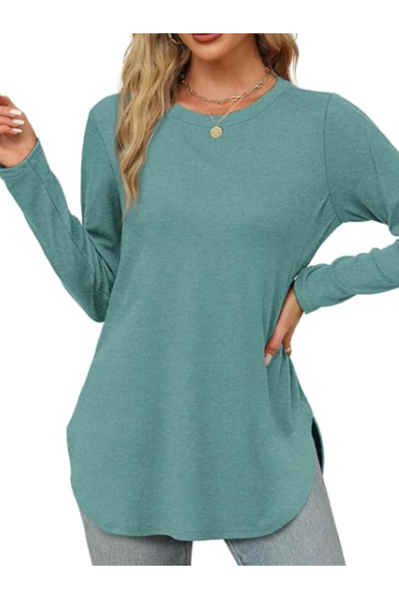 Long Sleeve Round Neck Shirts Side Split Loose Tunic Tops Casual Curved Hem Trendy Clothes