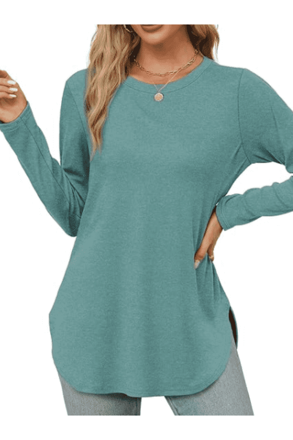 Long Sleeve Round Neck Shirts Side Split Loose Tunic Tops Casual Curved Hem Trendy Clothes