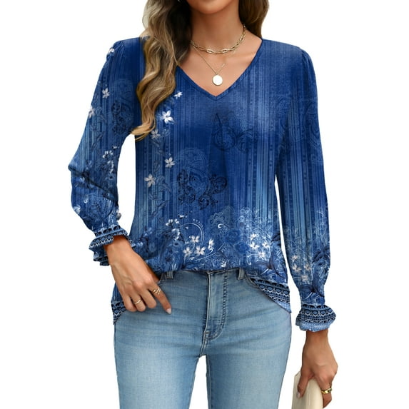 Weardear Long Sleeve Tops for Women Casual V Neck Loose Chiffon Work Blouse Smocked Tunic Shirts