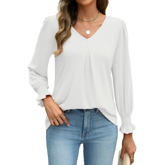 Weardear Long Sleeve Tops for Women Casual V Neck Loose Chiffon Work Blouse Smocked Tunic Shirts