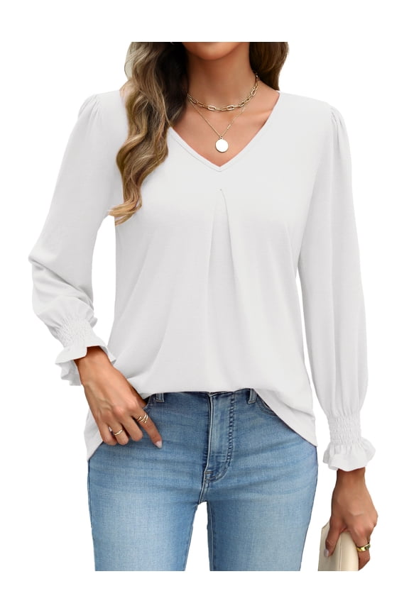 Long Sleeve Tops for Women Casual V Neck Loose Chiffon Work Blouse Smocked Tunic Shirts