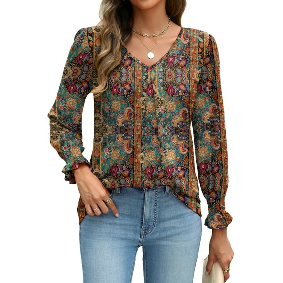 Weardear Long Sleeve Tops for Women Casual V Neck Loose Chiffon Work Blouse Smocked Tunic Shirts