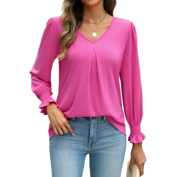 Weardear Long Sleeve Tops for Women Casual V Neck Loose Chiffon Work Blouse Smocked Tunic Shirts