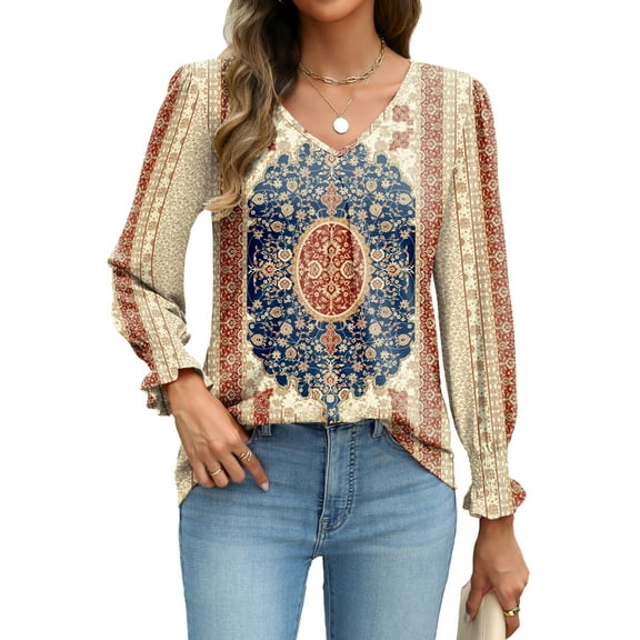 Weardear Long Sleeve Tops for Women Casual V Neck Loose Chiffon Work Blouse Smocked Tunic Shirts