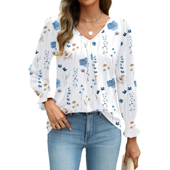 Weardear Long Sleeve Tops for Women Casual V Neck Loose Chiffon Work Blouse Smocked Tunic Shirts