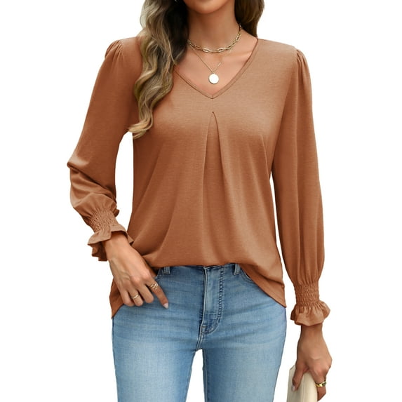 Weardear Long Sleeve Tops for Women Casual V Neck Loose Chiffon Work Blouse Smocked Tunic Shirts