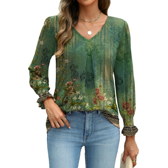 Weardear Long Sleeve Tops for Women Casual V Neck Loose Chiffon Work Blouse Smocked Tunic Shirts