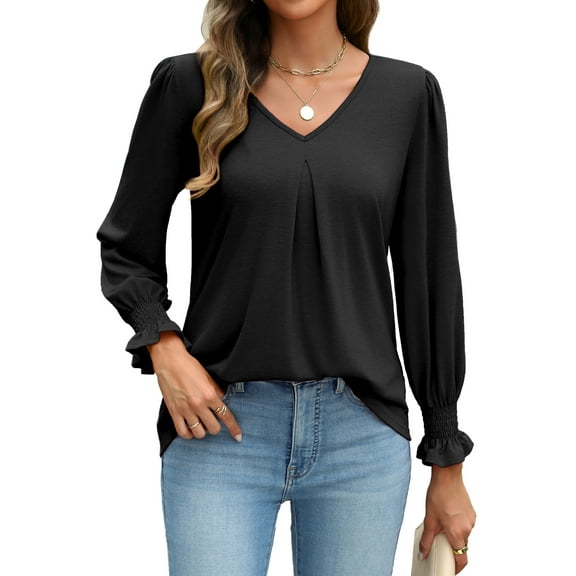 Weardear Long Sleeve Tops for Women Casual V Neck Loose Chiffon Work Blouse Smocked Tunic Shirts