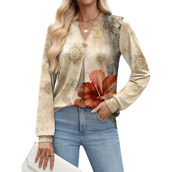 Weardear Long Sleeve V Neck Tops Fall Pleated Tunic Shirts Casual Dressy Loose Business Work Blouses, S-XXL