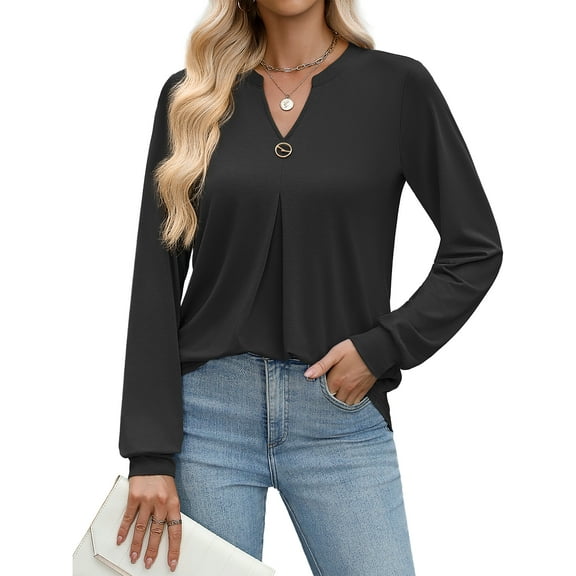 Weardear Long Sleeve V Neck Tops Fall Pleated Tunic Shirts Casual Dressy Loose Business Work Blouses, S-XXL