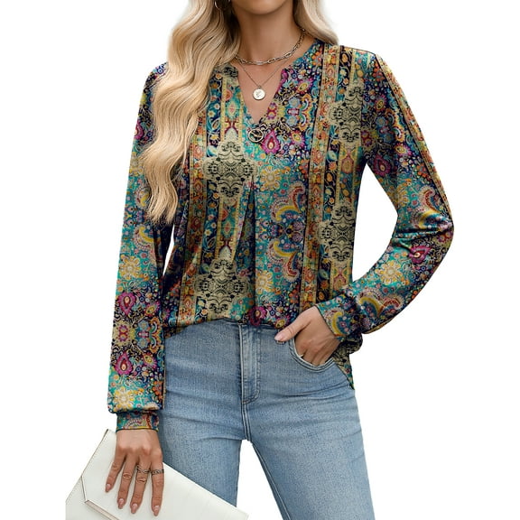 Weardear Long Sleeve V Neck Tops Fall Pleated Tunic Shirts Casual Dressy Loose Business Work Blouses, S-XXL