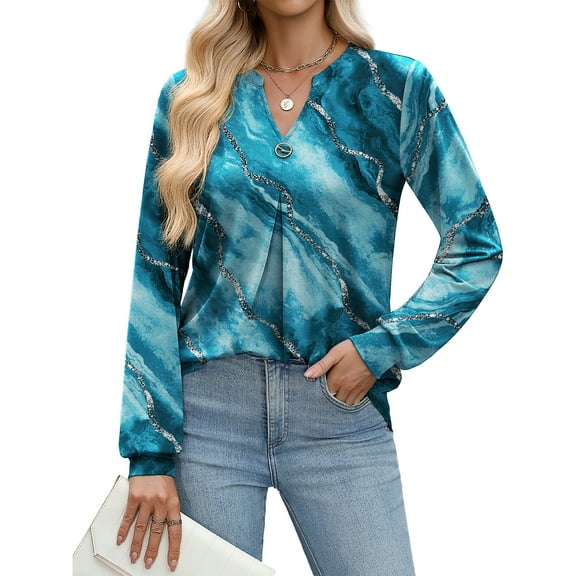 Weardear Long Sleeve V Neck Tops Fall Pleated Tunic Shirts Casual Dressy Loose Business Work Blouses, S-XXL