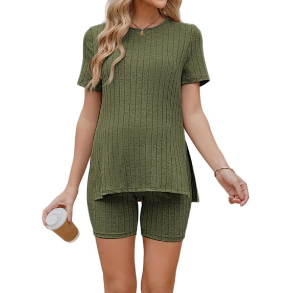 Weardear Maternity Outfits Set 2 Piece Matching Sets Ribbed Knit Side Split Short Sleeve Shirts and Biker Shorts Pregnancy Loungewear