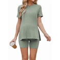 thumbnail image 1 of Weardear Maternity Outfits Set 2 Piece Matching Sets Ribbed Knit Side Split Short Sleeve Shirts and Biker Shorts Pregnancy Loungewear, 1 of 6