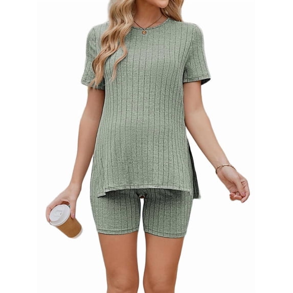 Weardear Maternity Outfits Set 2 Piece Matching Sets Ribbed Knit Side Split Short Sleeve Shirts and Biker Shorts Pregnancy Loungewear
