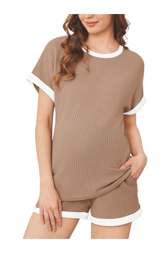 Maternity Outfits Set 2 Piece Matching Sets Waffle Knit Raglan Short Sleeve Tops and Shorts with Pockets Casual Pregnancy Loungewear