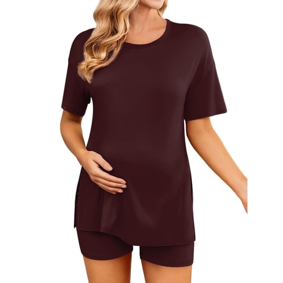 Weardear Maternity Sets 2 Piece Outfits Drop Shoulder Short Sleeve Split Side Shirts and Biker Shorts Summer Pregnancy Clothes