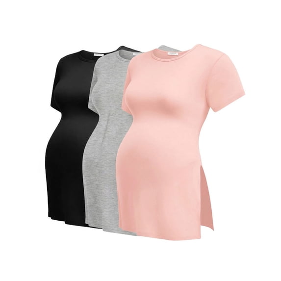 Weardear Maternity Shirts Side Split Tops Short Sleeve Crew Neck Tops(3 pack)