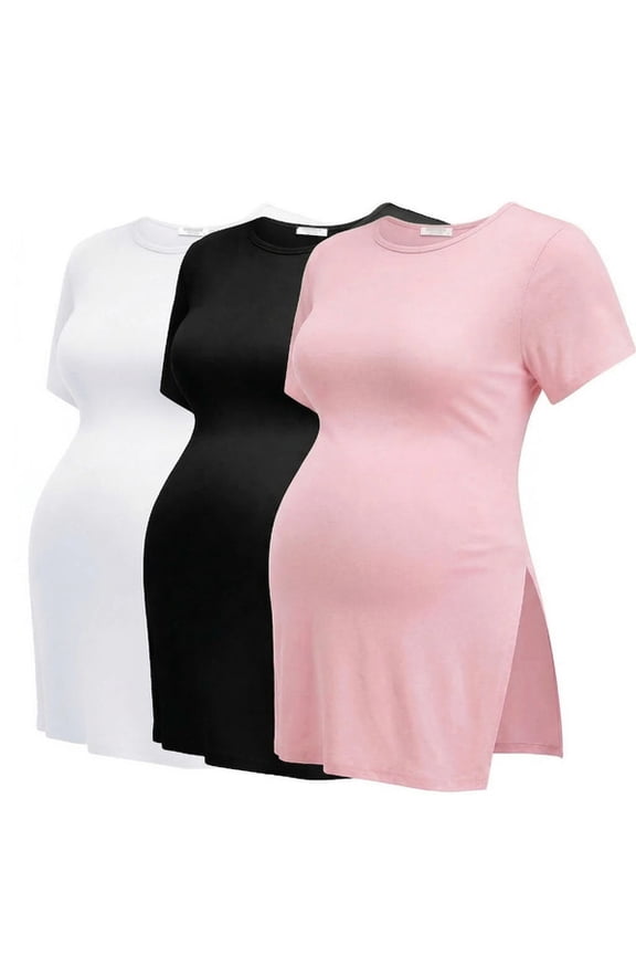 Maternity Shirts Side Split Tops Short Sleeve Crew Neck Tops(3 pack)