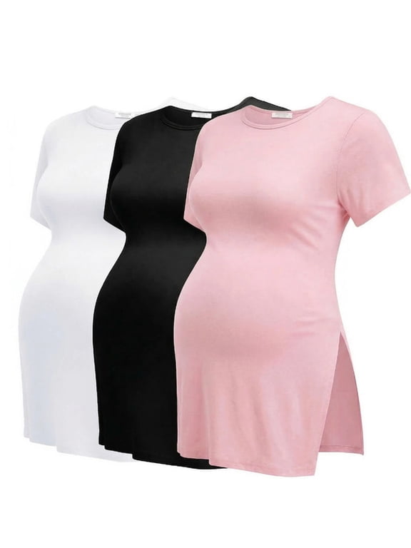 Maternity Shirts Side Split Crew Neck Short Sleeve Pregnancy Clothes(3 pack)