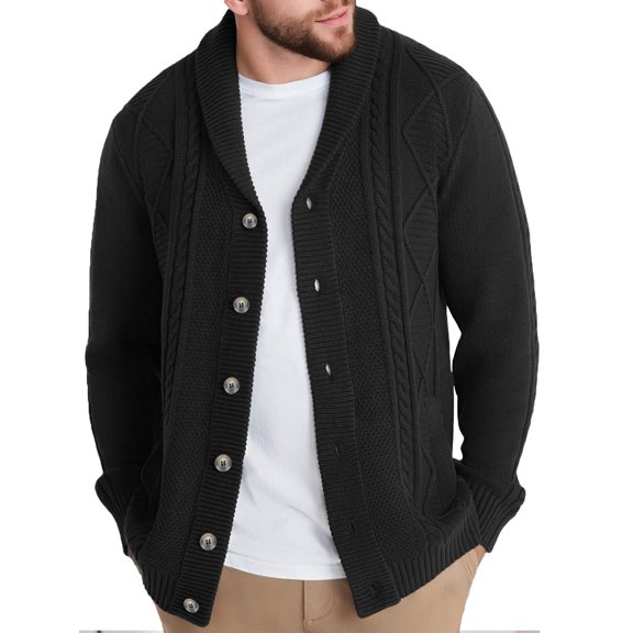 Weardear Men's Casual Long Sleeve Shawl Collar Buttons Down Cable Knit Cardigan Sweater with Pockets