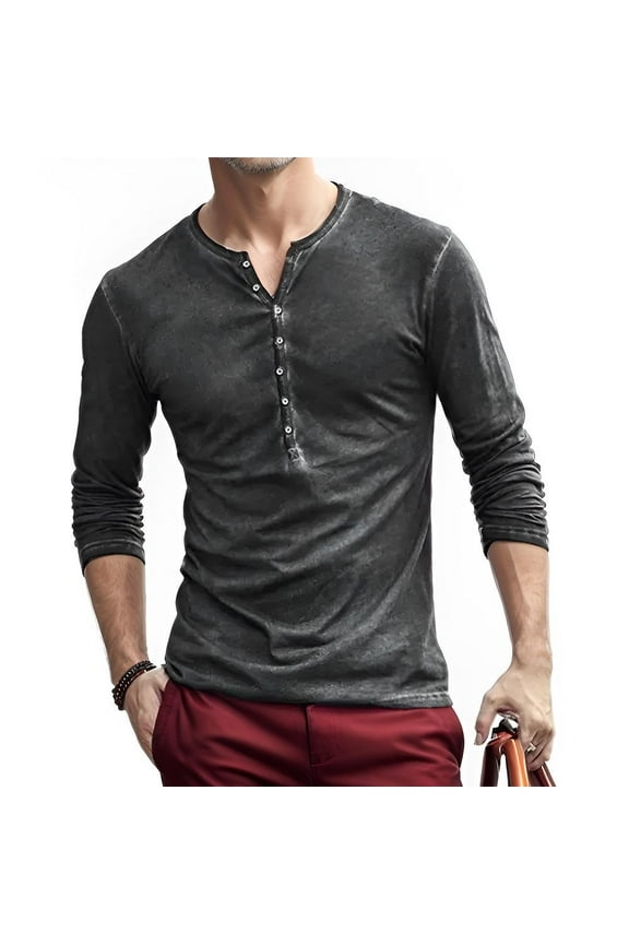 Mens Distressed Henley Shirts Front Placket Retro Long Sleeve Tee Shirts Casual Button Down Washed T-Shirts for Men