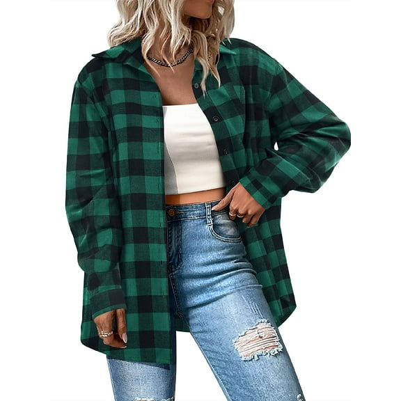 Weardear Plus Size Flannel Shirts for Women Plaid Button Down Shirts Roll Up Long Sleeve Tops